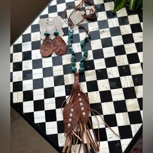 Turquoise Leather Jewelry Set Boho Western Necklace Earrings